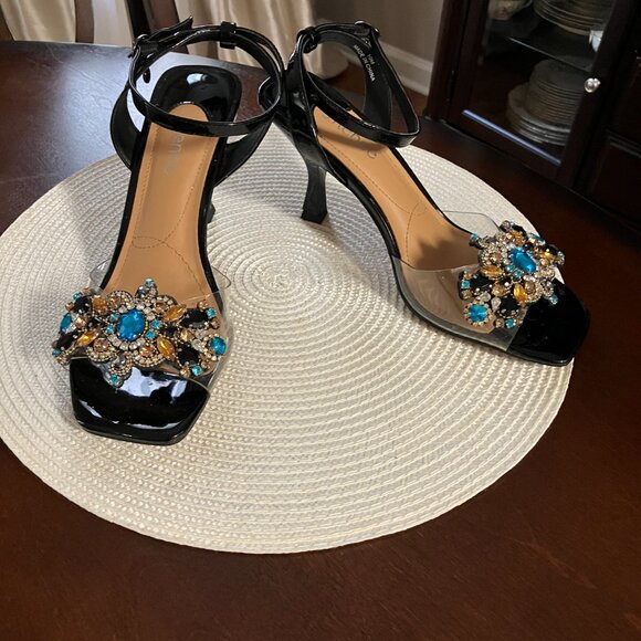 Crystal encrusted, open toe sandal by JRenee', black, 3 inch heel - Picture 5 of 5